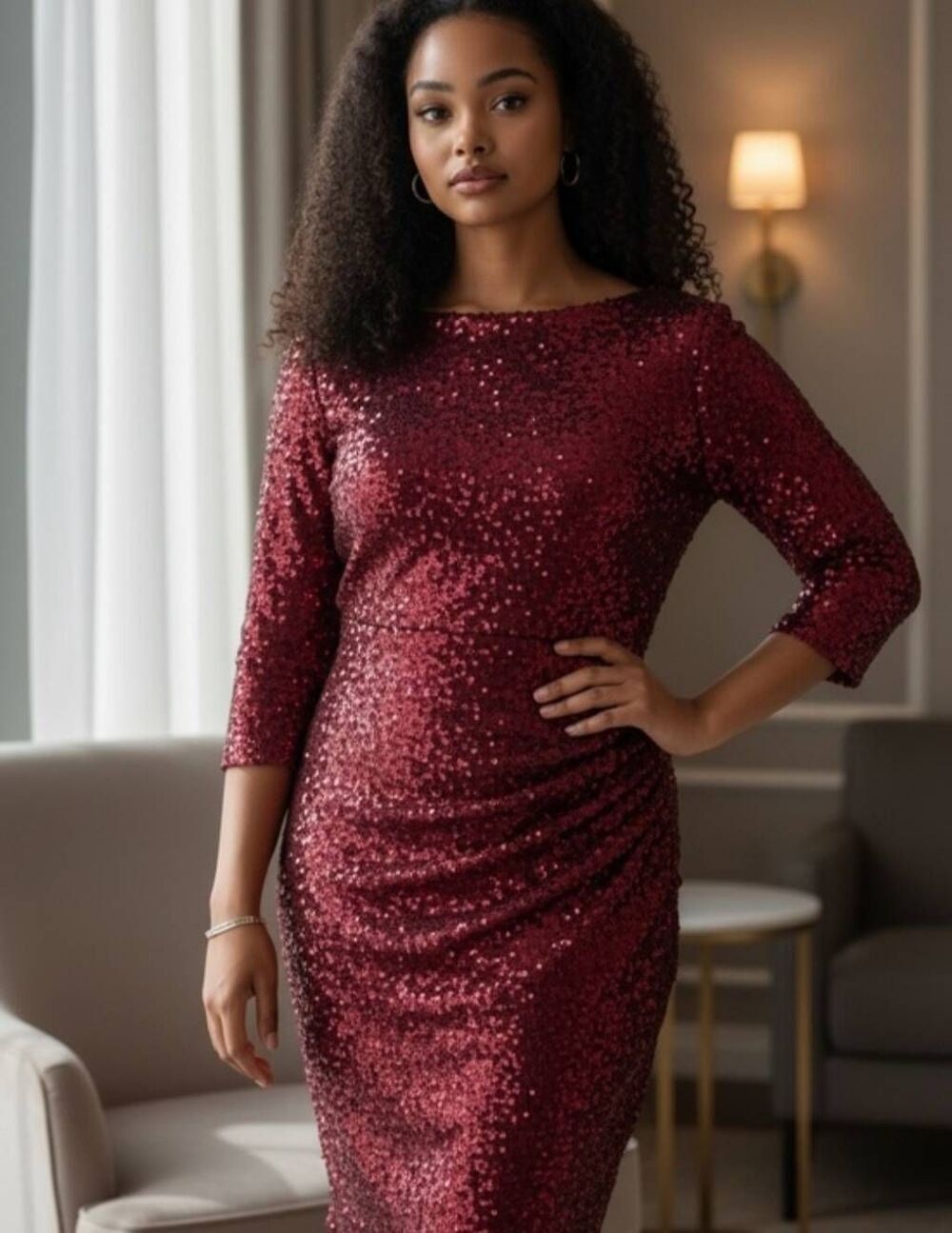 Burgundy sequin 3/4-sleeve ruched sheath cocktail dress by Jessica Howard, featu